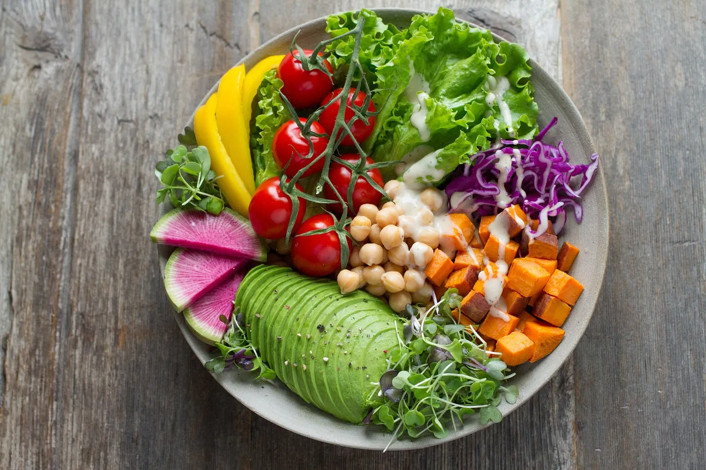 Colorful produce arranged in contrasting tones